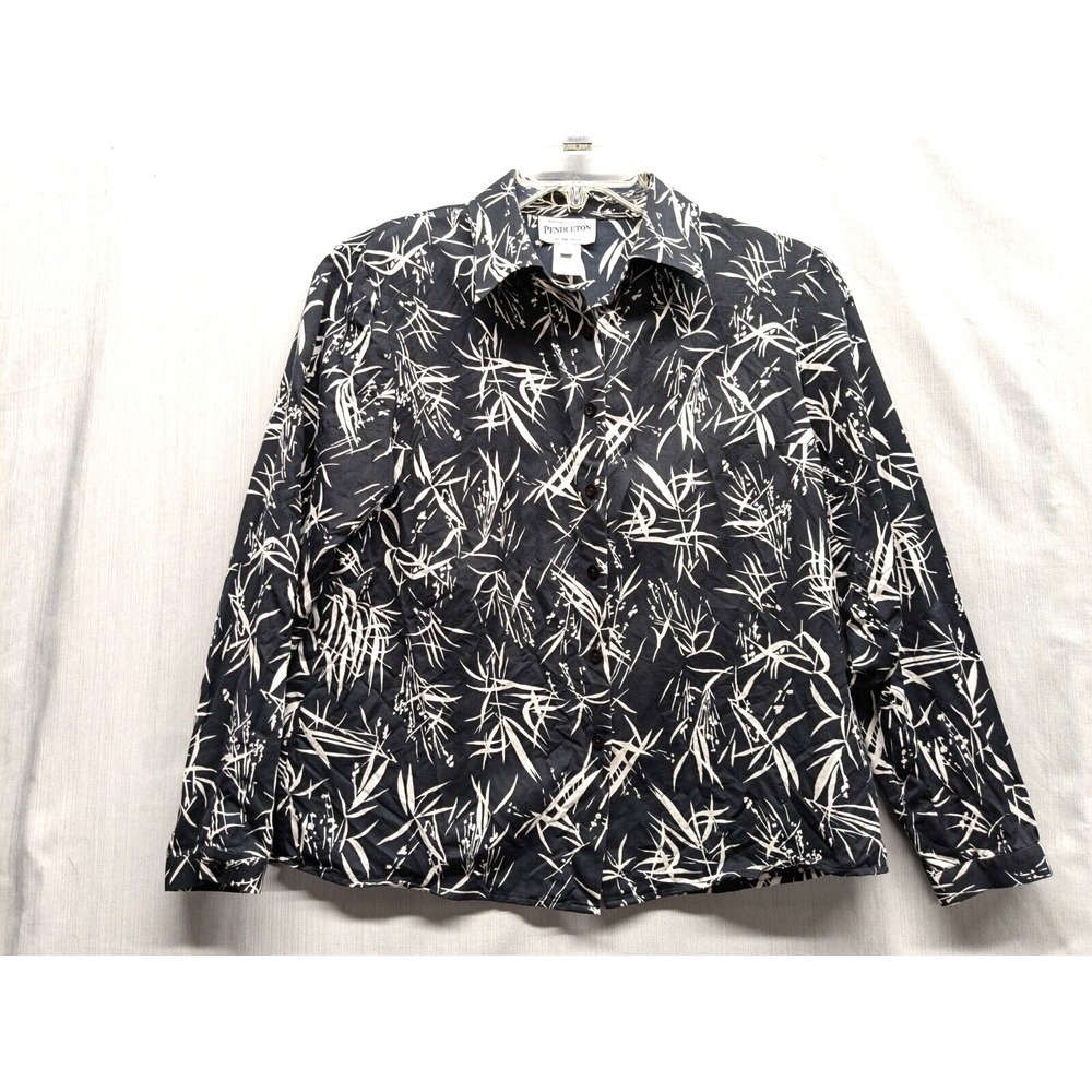 Pendleton Women's Black White Bamboo Print Button Up Blouse Top Sz: M Silk Blend